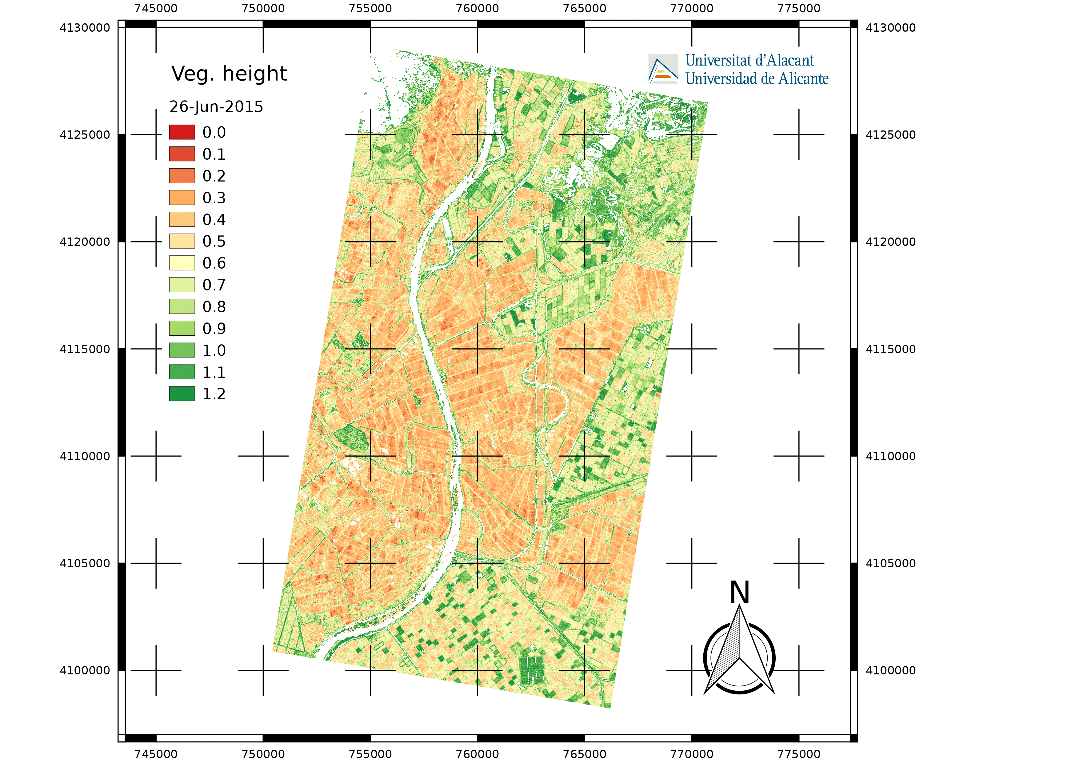 Vegetation height in a rice area close to Sevilla (SW Spain), retrieved by means of polarimetric SAR interferometry (PolInSAR) from data acquired by the TanDEM-X sensor. The German Aerospace Center (DLR) provided all the TanDEM-X data under project NTI-POLI6736.